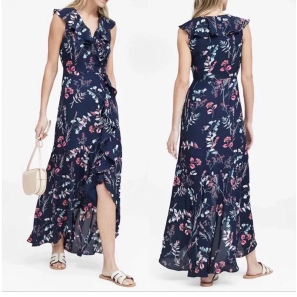BR deep navy floral flutter maxi dress